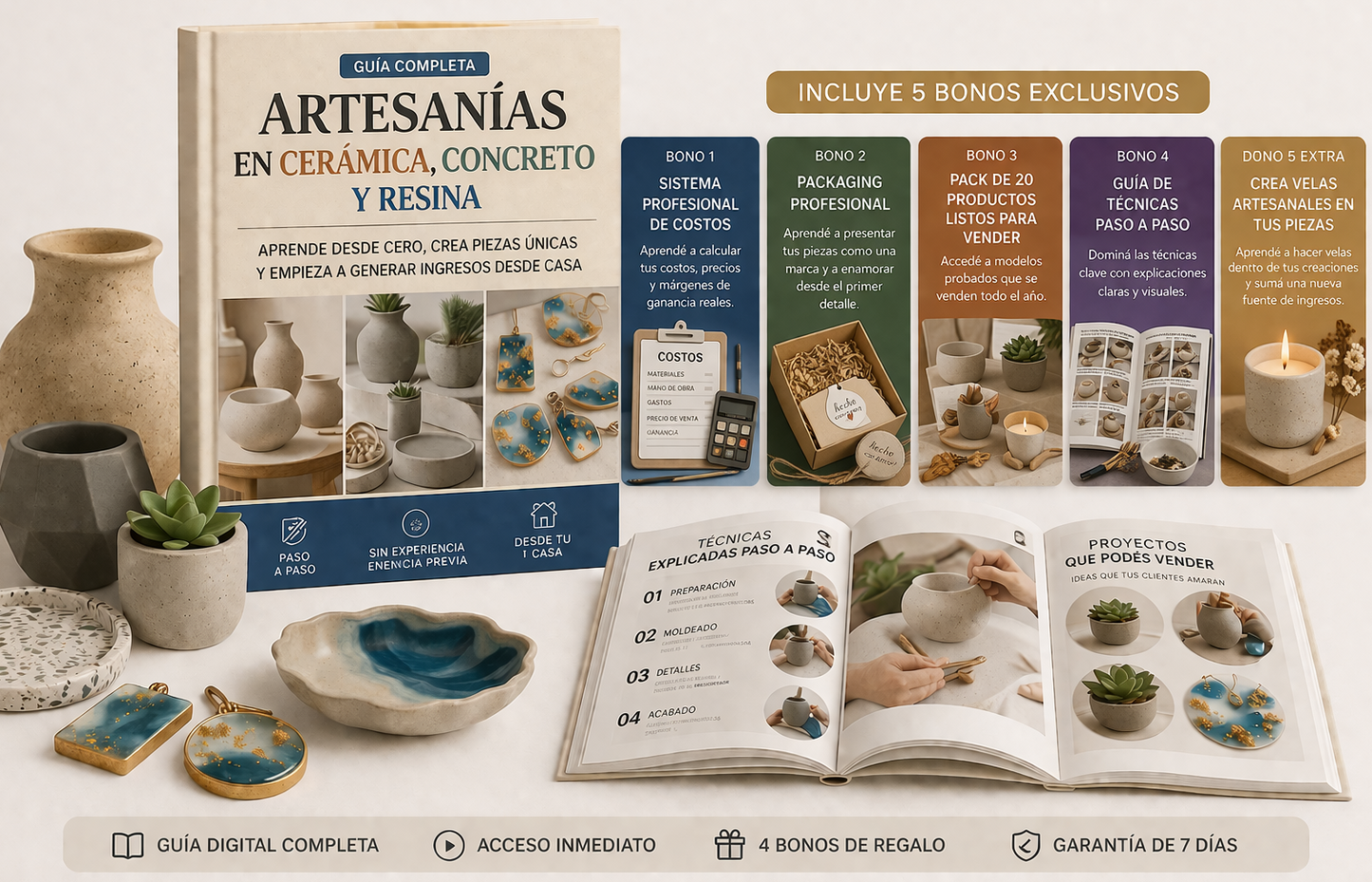 Artesanías en Cerámica, Concreto y Resina + 5 Bonos de Regalo